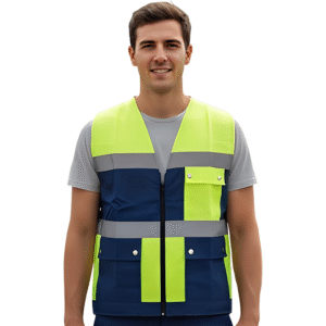 GILET JAUNE FLUO-BLEU NUIT AVEC BANDE
