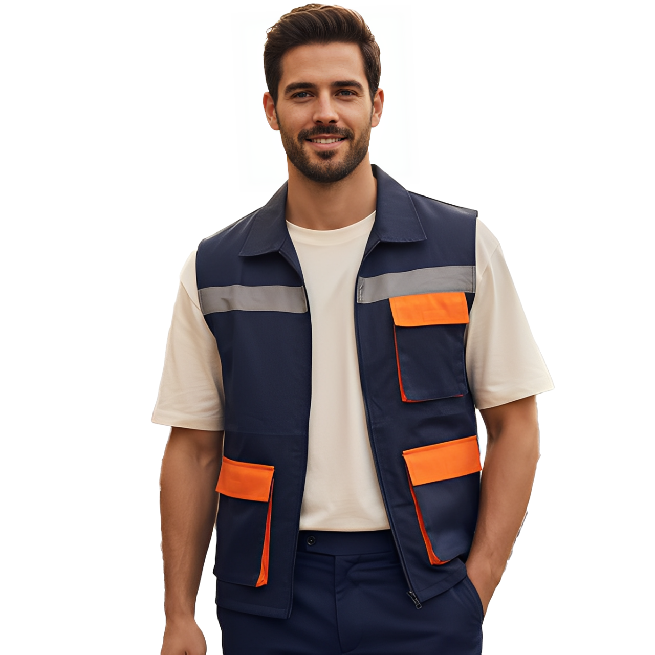 GILET DE TRAVAIL BLEU NUIT-ORANGE AVEC BANDE